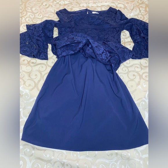 Eliza J Size 2 Navy Blue Lace Sheath Dress Fully Lined Bell Sleeves GUC … - Picture 10 of 15